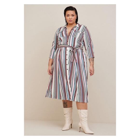 Torrid White, Purple&Pink Stripe Challis Button Front Shirt Dress Sz.4 NWT - Picture 1 of 16